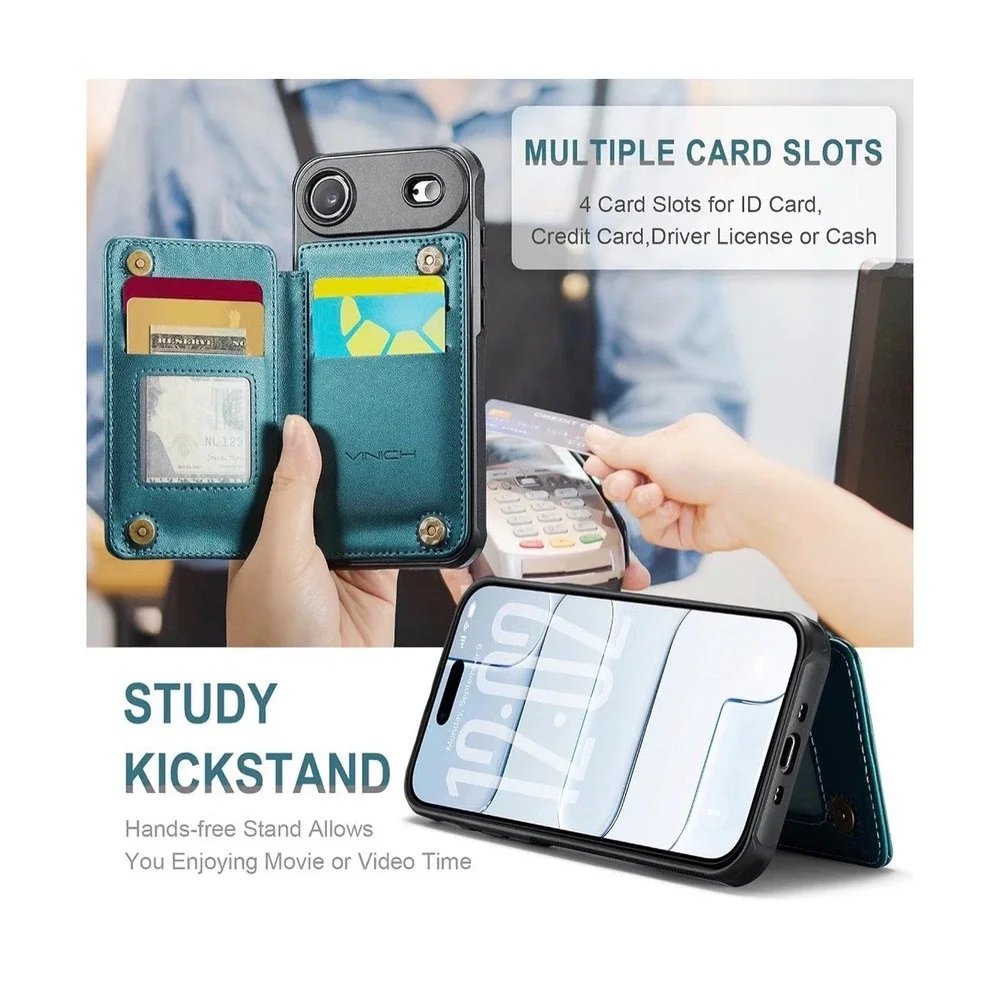 VINICH iPhone Air Wallet Case Teal Blu PU Leather RFID Blocking Card Holder Flip